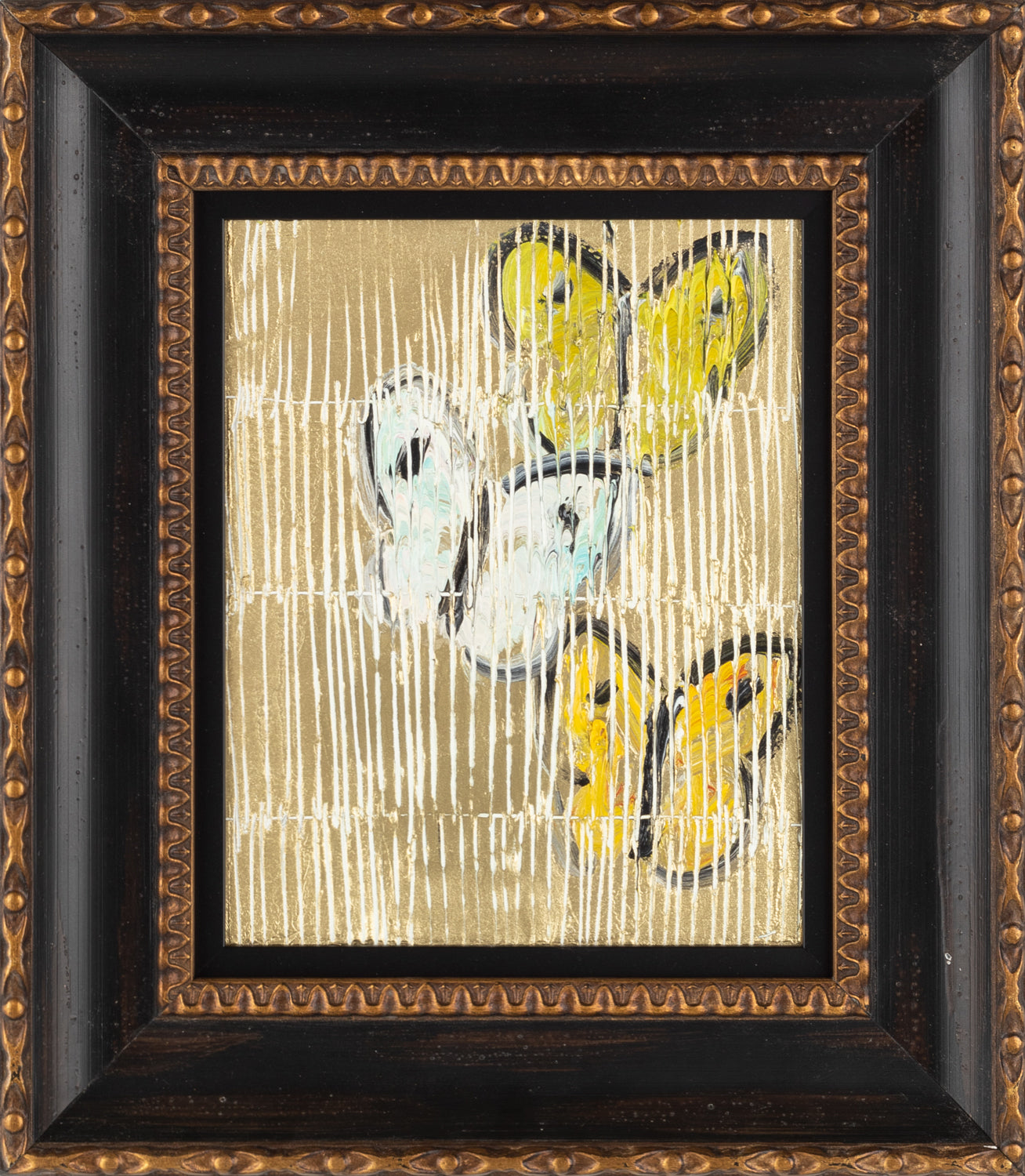 Gold Hunt Slonem butterfly painting “Untitled,”2019, Oil on wood, 10 x 8 inches, in antique black and gold frame, Hunt Slonem Butterflies for sale at Manolis Projects Gallery