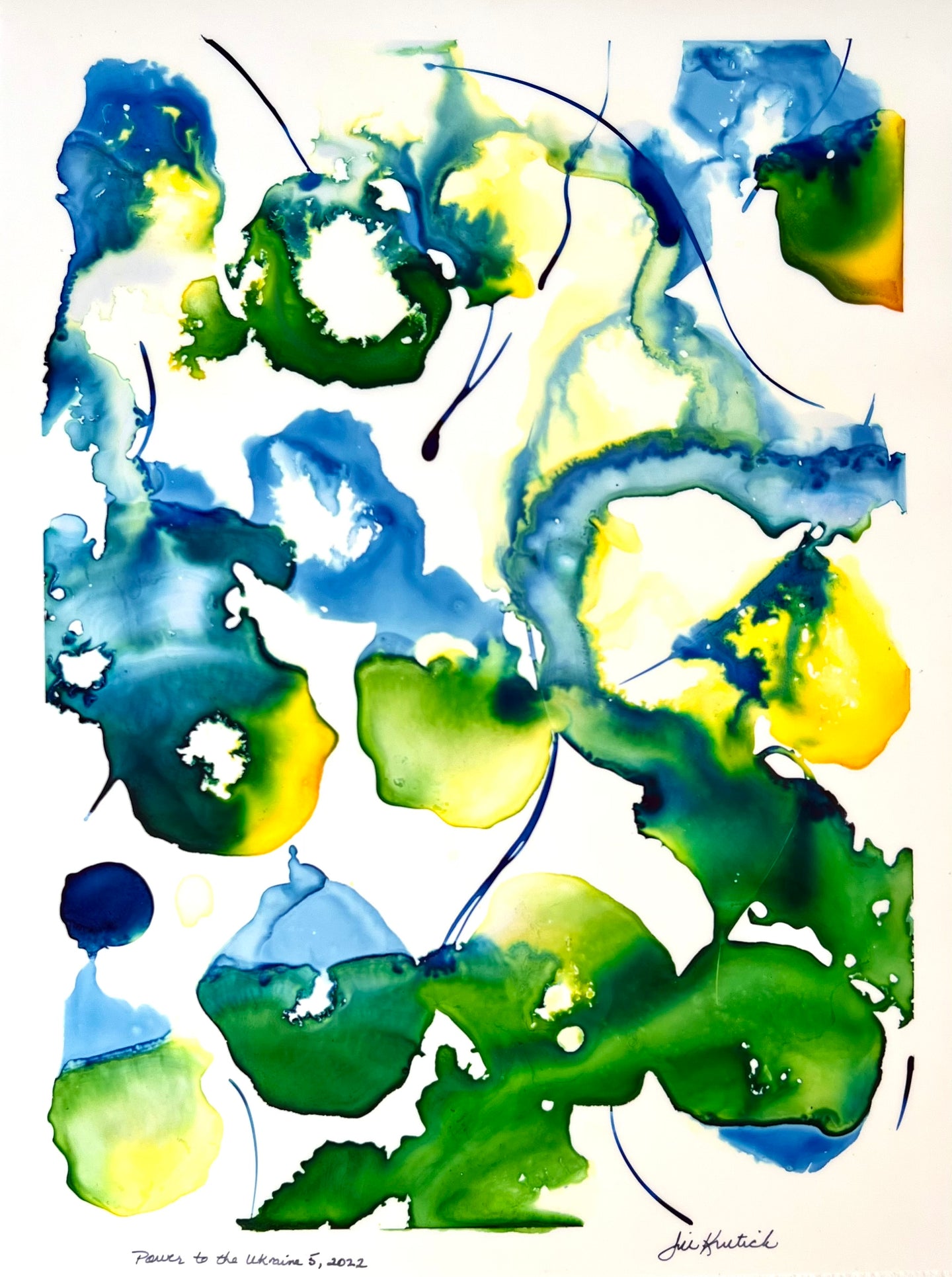 Jill Krutick’s Blue and Yellow Abstract Painting for the Ritz Carlton South Beach, Power to Ukraine 5, 2022, Watercolor and acrlyic painting on paper, 16 x 12 inches, for sale at Manolis Projects