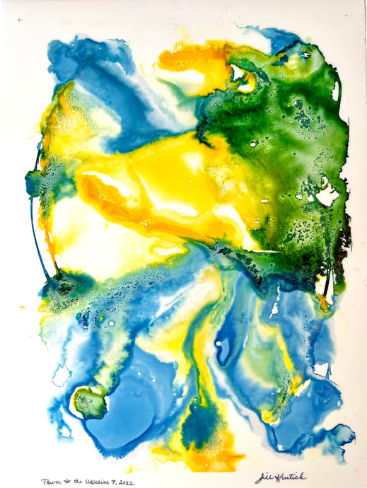 Jill Krutick’s Blue and Yellow Abstract Painting for the Ritz Carlton South Beach, Power to Ukraine 7, 2022, Watercolor and acrlyic painting on paper, 16 x 12 inches, for sale at Manolis Projects
