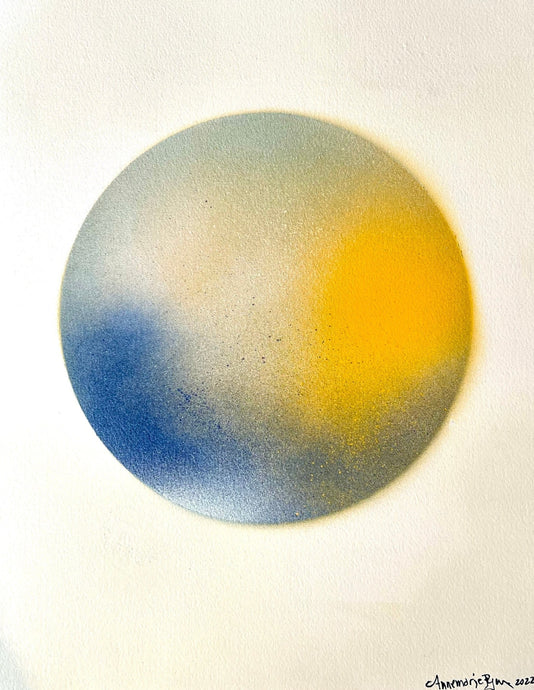 Annemarie Ryan’s Blue & Yellow Abstract painting Sun-Water-Sky 1, 2022, Watercolor & Vitreous Acrylic on paper, 16 x 12 inches