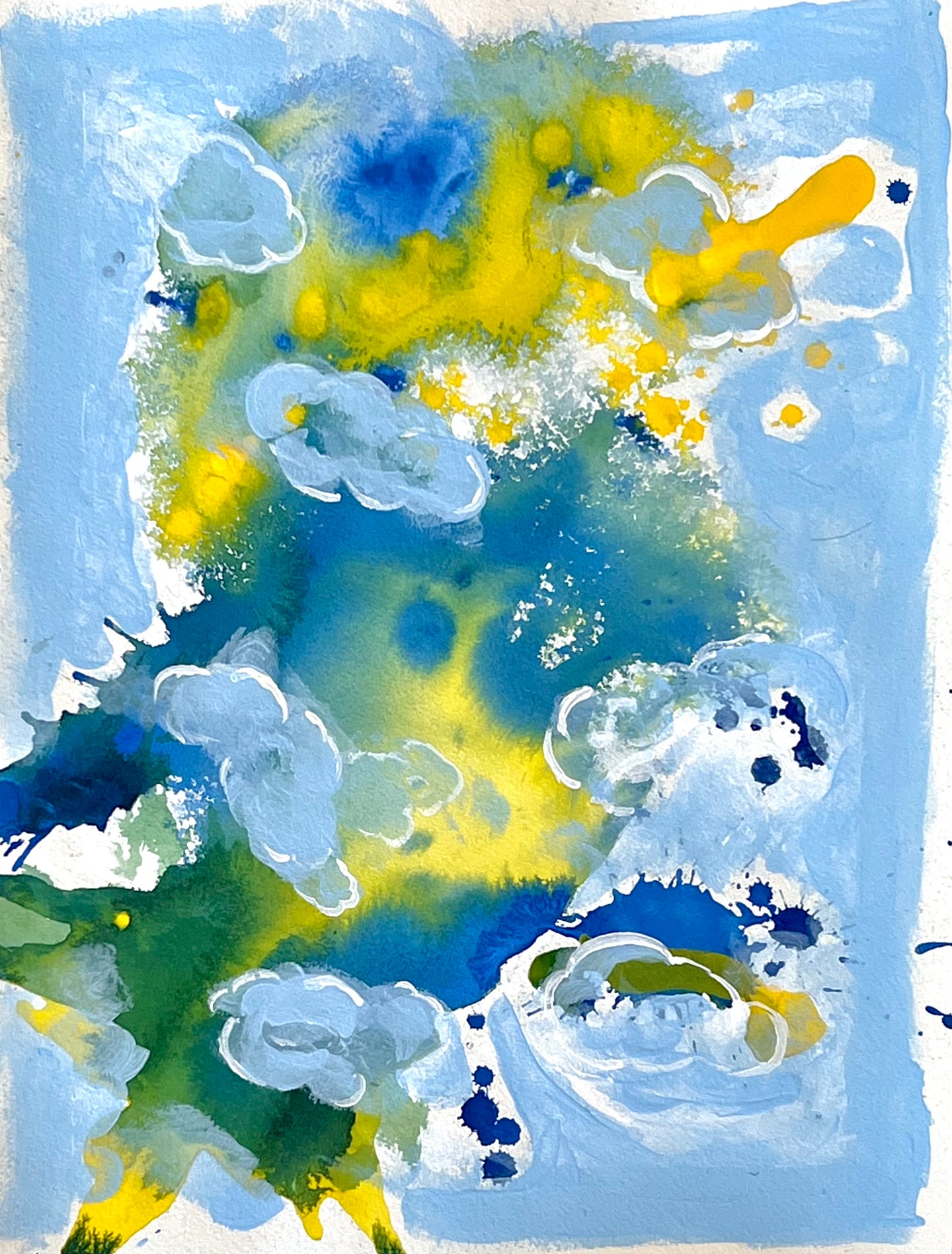 Camila Webster’s Blue and Yellow Abstract Painting, “Skies Over Miami 1,” 2022, Watercolor and acrlyic painting on paper, 16 x 12 inches, on display and available at the Ritz Carlton South Beach