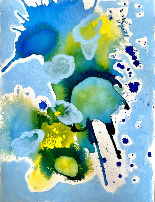 Camila Webster’s Blue and Yellow Abstract Painting, “Skies Over Miami 2,” 2022, Watercolor and acrlyic painting on paper, 16 x 12 inches, on display and available at the Ritz Carlton South Beach