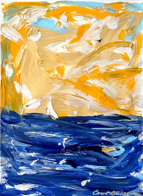 Carol Calicchio’s Blue and Yellow Abstract Painting for the Ritz Carlton South Beach, Serene Ocean, 2022, Oil painting on paper, 16 x 12 inches, for sale at Manolis Projects