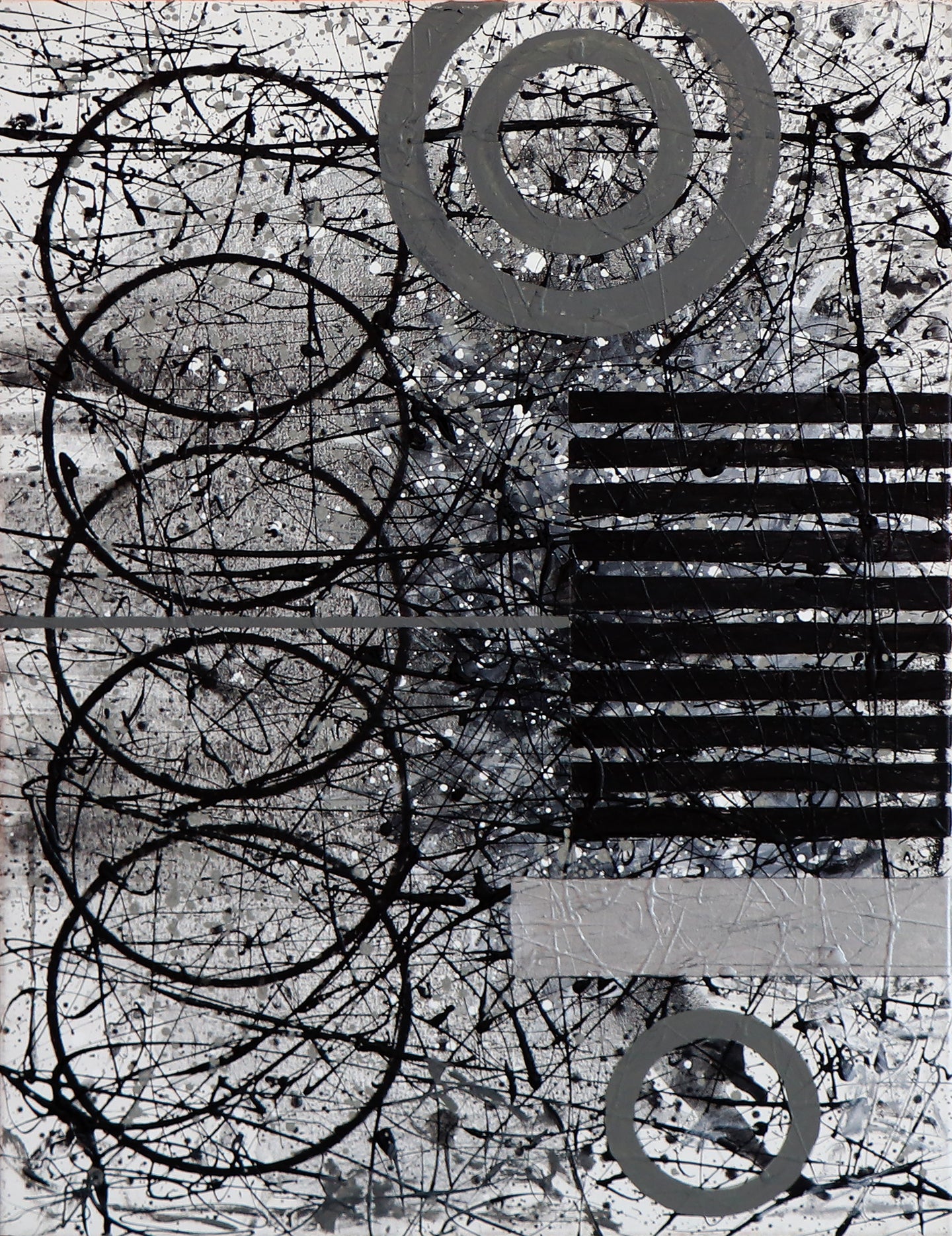 J. Steven Manolis,  Black & White Universe, 2020 40 x 30 inches Acrylic on Canvas  J. Steven Manolis started focusing on painting Black & White abstract paintings as a category when art critic Donald Kuspit said to him, 