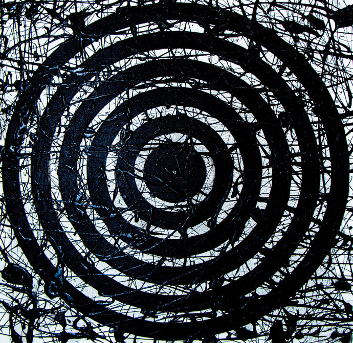 J. Steven Manolis (b.1948-)  Black Concentric, 2020  Acrylic and Latex Enamel on canvas  30 x 30 inches  Manolis' painting hero, and Father of Abstract Expressionism, Wassily Kandinsky was a concentric painter. He introduced the open loop, which to him symbolized both the universe and the human soul.  Manolis states, 