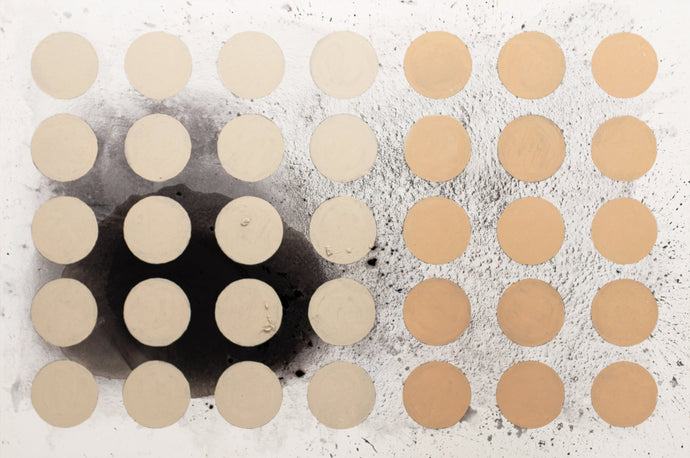 J. Steven Manolis (b.1948-)  Greige (Graphic), 2020  Acrylic on canvas  48 x 72 inches  This series has hand painted circles placed on a three dimensional colorfield in muted earth colors, often in some combination of greiges. This was inspired by the 2020 Covid pandemic which brought a year of darkness in peoples’ lives. It represents finding peace and order within the chaos and darkness.