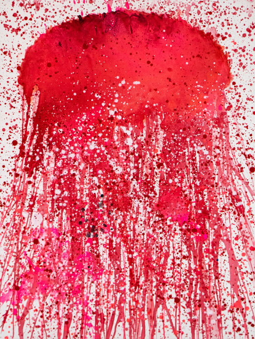 J. Steven, Jellyfish (REDWORLD), 2020, 40 x 30 inches, Acrylic painting on canvas, Acrylic Jellyfish painting, Abstract expressionism art for sale at Manolis Projects Art Gallery, Miami, Fl