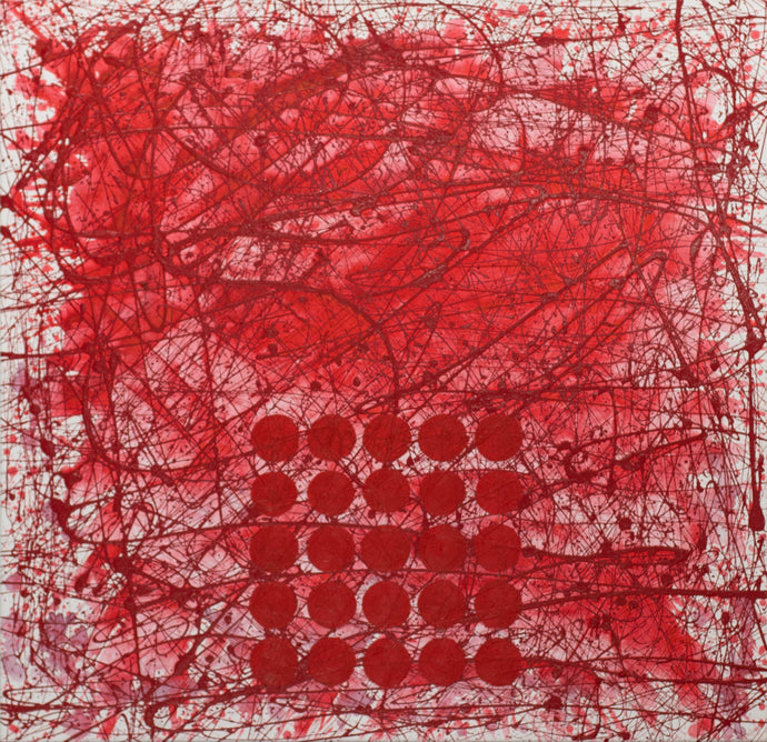 J. Steven Manolis, REDWORLD (Ferrari Wheels), 2020,48x48, acrylic and latex enamel on canvas, Red Abstract Painting, Abstract expressionism art for sale