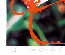 Load image into Gallery viewer, James Rosenquist, New York Says It, 1983, Color Lithograph and Serigraph on paper, 30.15 x 34 inches, Edition 104 of 250, edition and title close up

