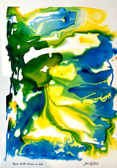 Jill Krutick’s Blue and Yellow Abstract Painting for the Ritz Carlton South Beach, Power to Ukraine 2, 2022, Watercolor and acrlyic painting on paper, 16 x 12 inches, for sale at Manolis Projects
