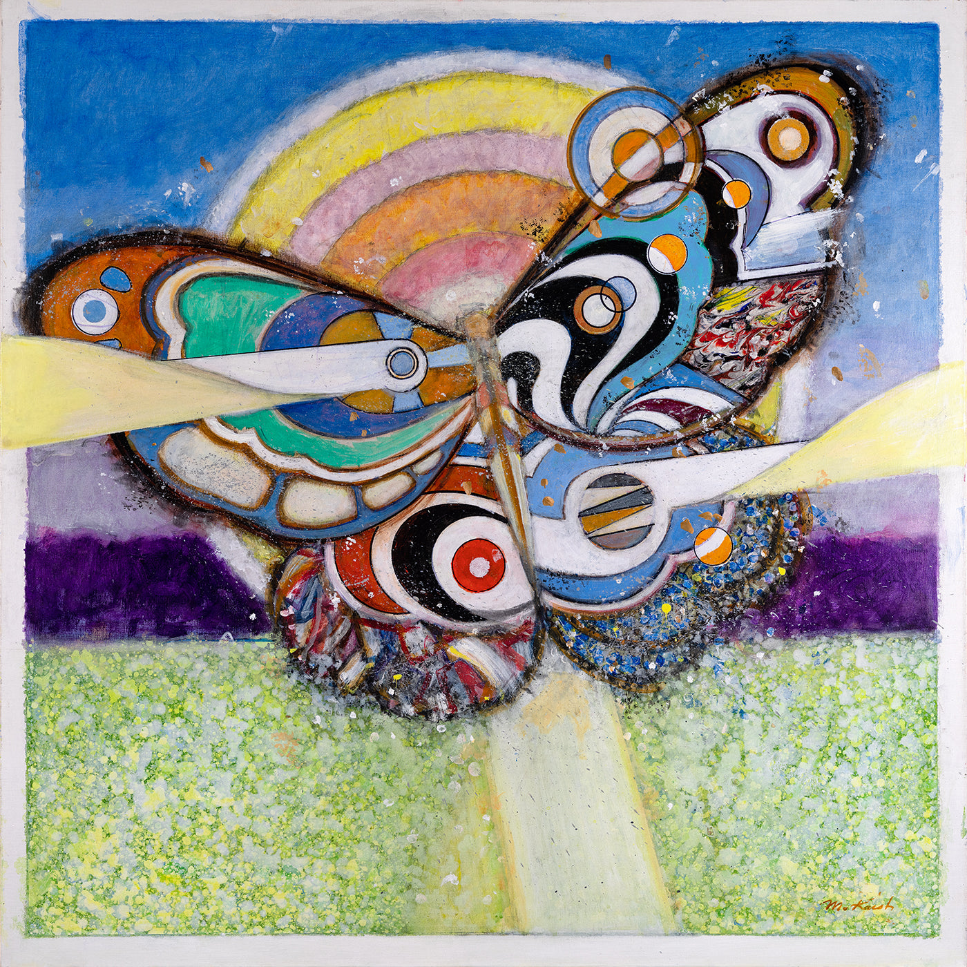 Morton Kaish (b. 1927-) Arrival IX, 2018 Oil on Linen 36 x 36 inches Framed: 37 x 37 x 2 inches; Butterfly abstraction ; Nature abstraction; Available at Manolis Projects Gallery