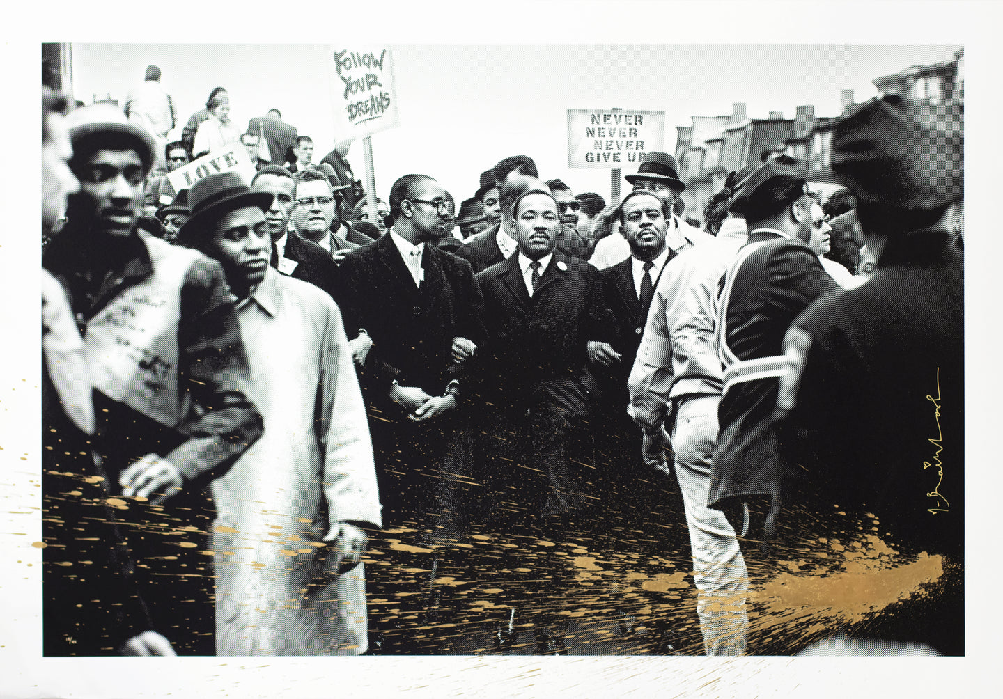 Mr. Brainwash, March for Love Gold, Martin Luther King Art , 2017, Screenprint with Spraypaint on paper, 32.5 x 47 inches, edition of 44, Mr Brainwash print, Mr Brainwash Art for sale at Manolis Projects Art Gallery, Miami, Fl