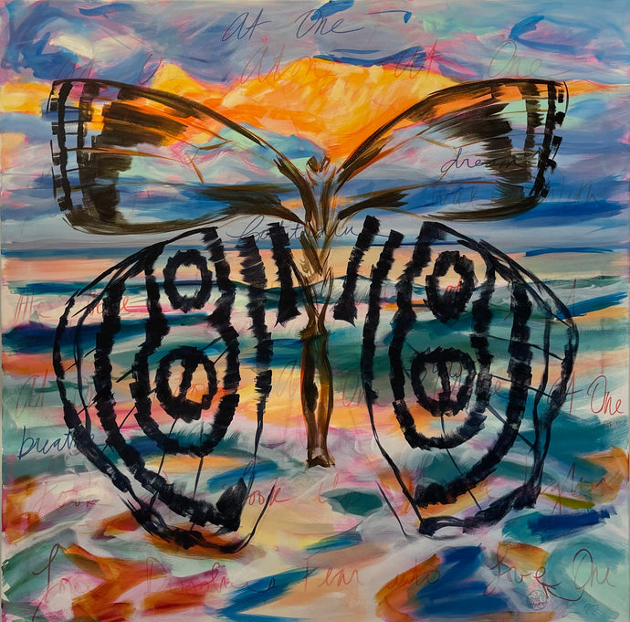 Olivia Daane's Butterfly painting, At One (Atone), 2022, Mixed media on canvas, 48h x 48w inches, Butterfly Art For Sale