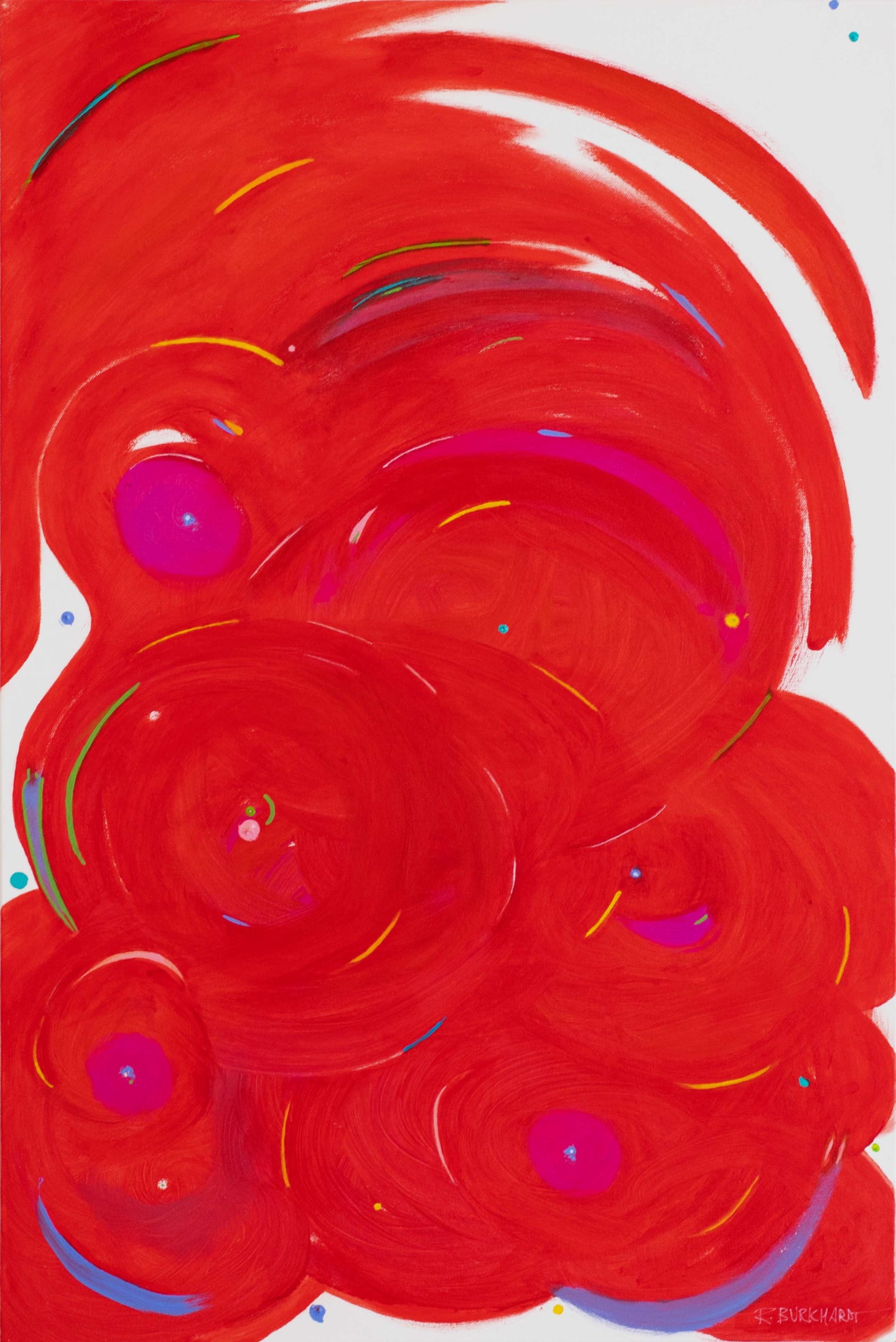 Ron Burkhardt, Voluptuous Circles, 2022, Acrylic on canvas, 40 x 30 inches, red abstract wall art