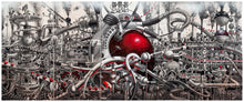 Load image into Gallery viewer, Samuel Gomez  Oasis, 2015  Graphite, Acrylic and ink on paper  42 x 108 inches   ‘Oasis’ is a surreal rendering of a utopian-smart city where civilians are drawn to visit, live, serve, entertain and work. Keeping the city alive and running, requires civilians to log in and plug into the ‘heart-like pump’ assembled at the city center. This dystopian painting is available at Manolis Projects gallery in Miami, FL
