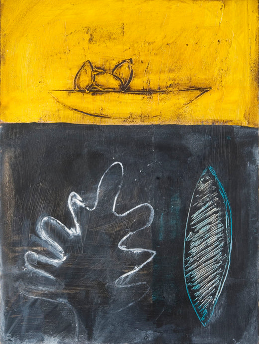Connie Lloveras, Three Seeds in Boat, Leaf and Ellipse, 2014 30” x 22” Mixed media on paper 2014 at Manolis Projects Gallery in Miami, FL