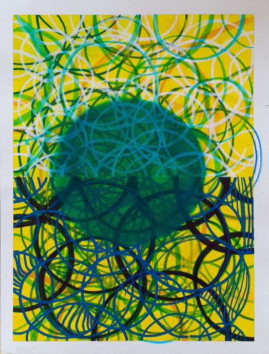 Timi Ogundipes Abstract painting, Angelic Sphere, 2022, Acrylic and marker on paper, 16 x 10 inches, Blue and yellow abstract painting for the ritz carlton