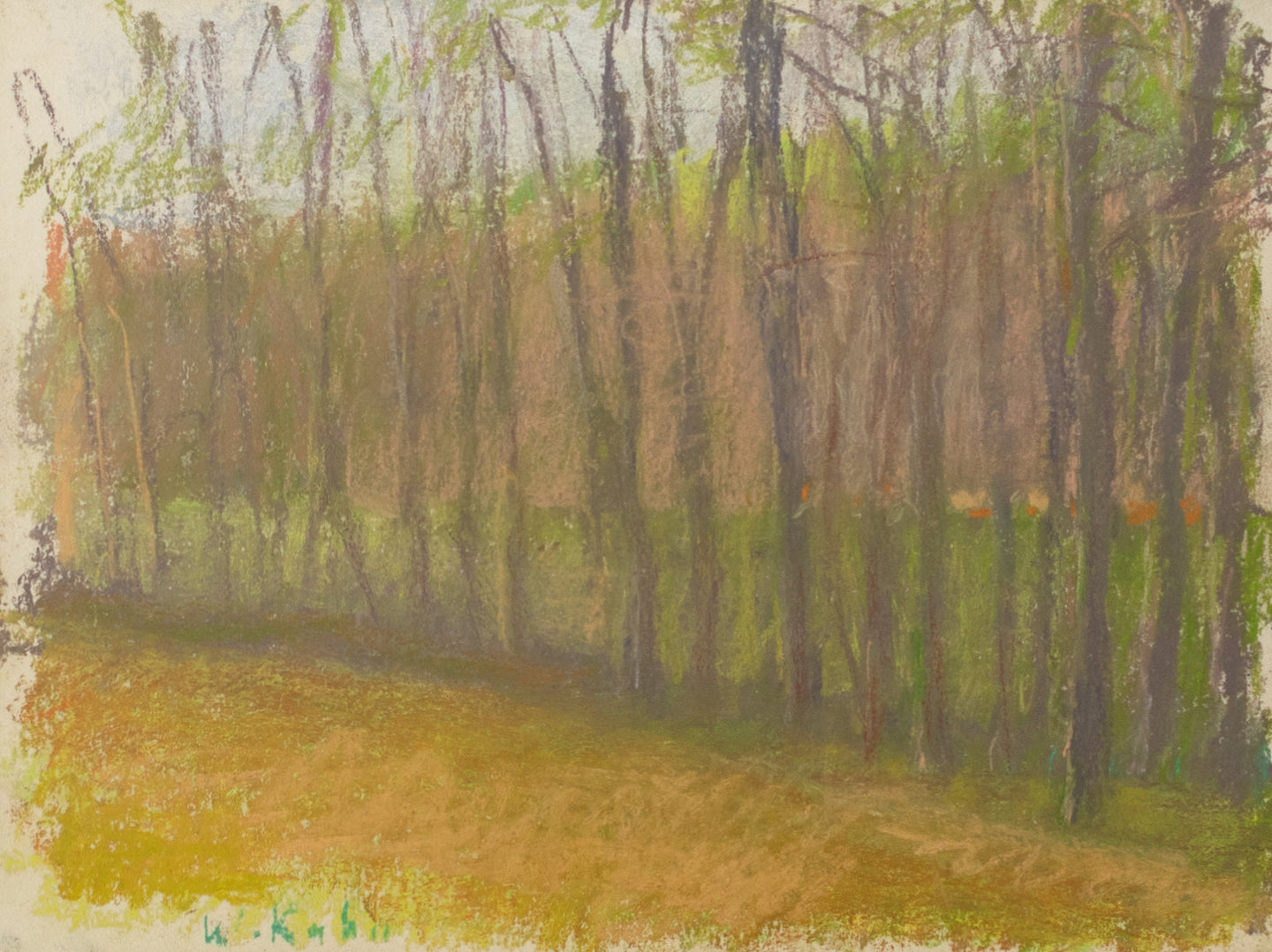 Wolf Kahn (1927-2020) Brake, 1989  Pastel on paper  9 x 12 inches Framed: 15 x 18.25 x 1 inches. This is a pastel of a treelike in greens, yellows and purple.Available at Manolis Projects Gallery