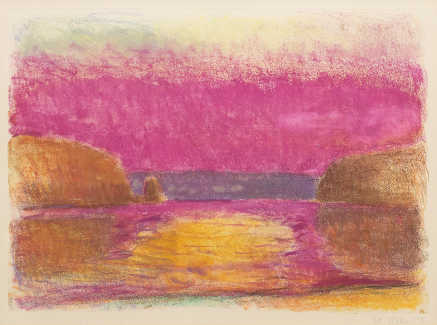 Wolf Kahn  Connecticut River Sunset, 1992  Monotype ink on paper  15.5 x 22 inches Framed: 27.50 x 32.50 x 1.50 inches;Connecticut River Sunset is one of Kahn's abstract works where his fame as a colorist is evident in the use of pinks, browns, yellows, and purples.Available at Manolis Projects Gallery