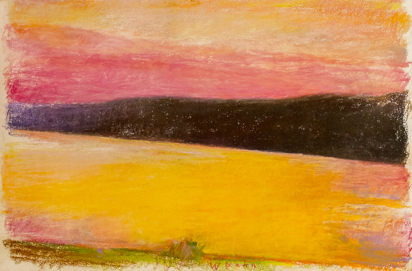 Wolf Kahn  Deep Red Sunset, 1991  Pastel on paper  15 x 22 inches, Abstract landscape in pink, yellow , black, and green. Available at Manolis Projects Gallery (Unframed size)