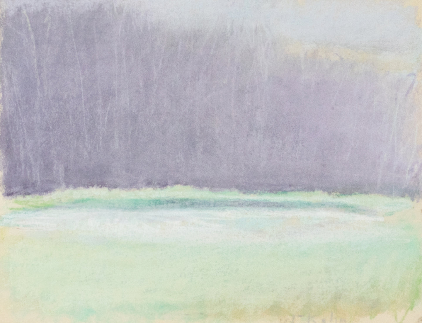 Wolf Kahn  Early Morning, 1987  Pastel on paper  11 x 14 inchesThis piece is an abstract landscape with beautiful greens and purples. Available at Manolis Projects Gallery