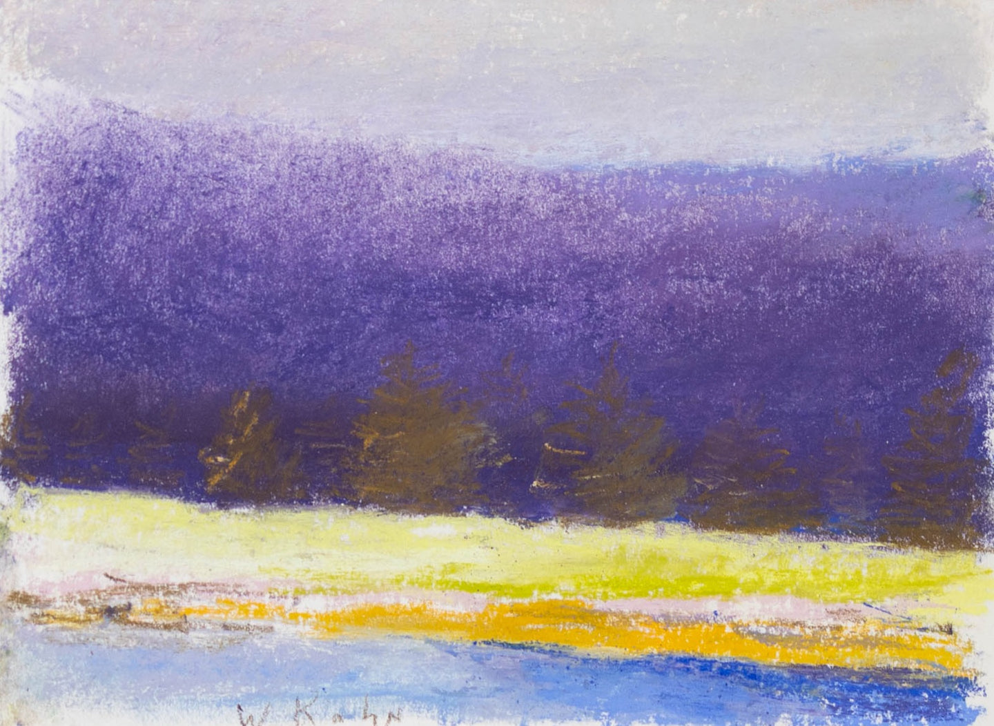Wolf Kahn, Edge of the Christmas Tree Field, 1994, Pastel on paper, 9 x 12 inches, Wolf Kahn artwork, Wolf Kahn Pastels For Sale, Wolf Kahn Art For Sale