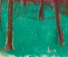 Load image into Gallery viewer,  Detail of signature:Wolf Kahn (1927-2020) Eucalyptus Grove in the Morning, 1989 Pastel on paper 11 x 14 inches (unframed), Landscape of trees with abstract background in purple, green, lilac. and blue. Available at Manolis Projects gallery.
