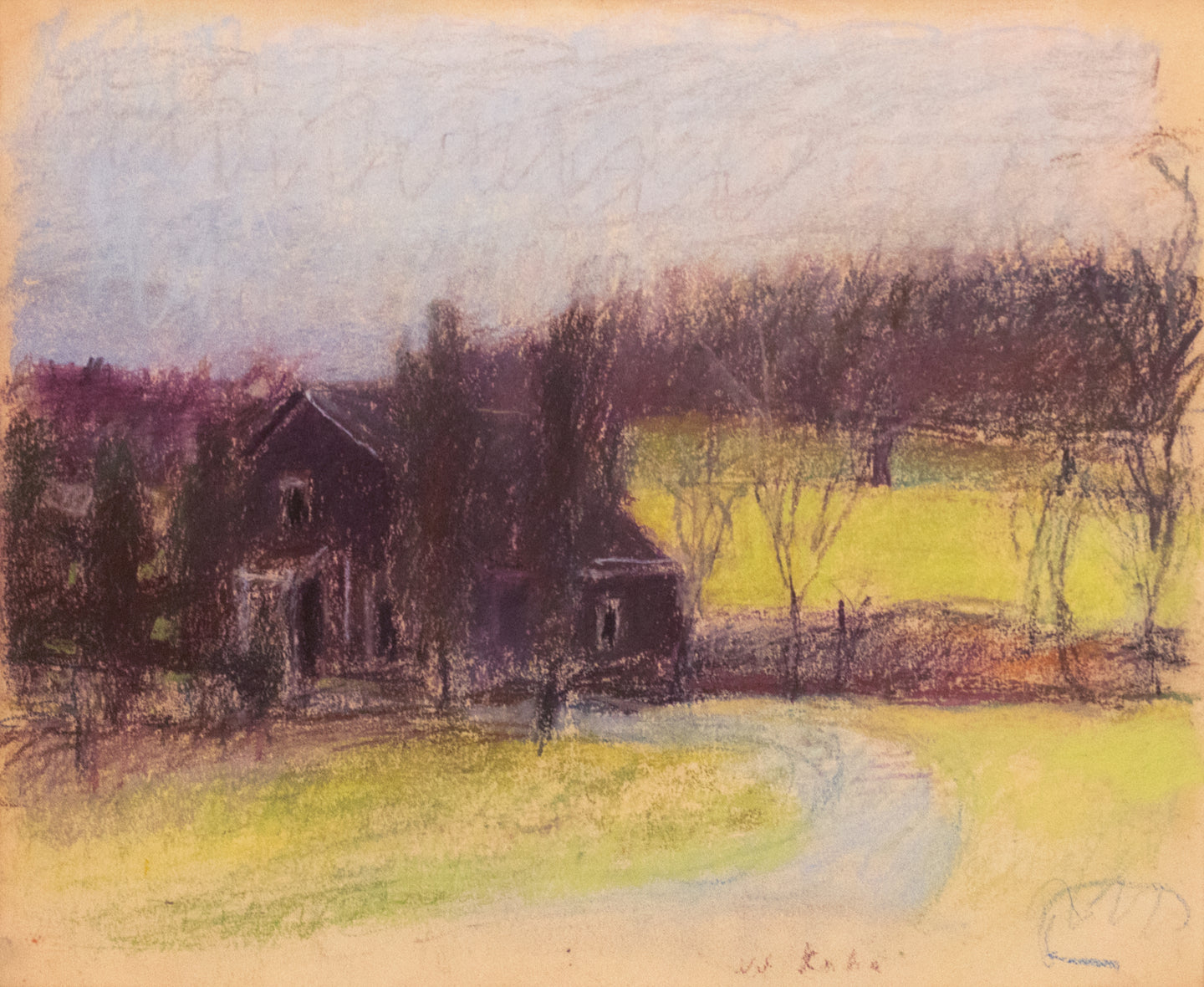 Wolf Kahn (1927-2020)  In Green Camp, 1982  Pastel on paper  14 x 17 inches (unframed). This is a landscape with home in the foreground and green fields and trees in the background. The sky is a baby blue. Available at Manolis Projects Gallery.