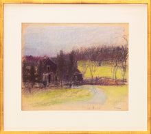 Load image into Gallery viewer, Framed:Wolf Kahn (1927-2020) In Green Camp, 1982 Pastel on paper 14 x 17 inches (unframed). This is a landscape with home in the foreground and green fields and trees in the background. The sky is a baby blue. Available at Manolis Projects Gallery.  Edit alt text
