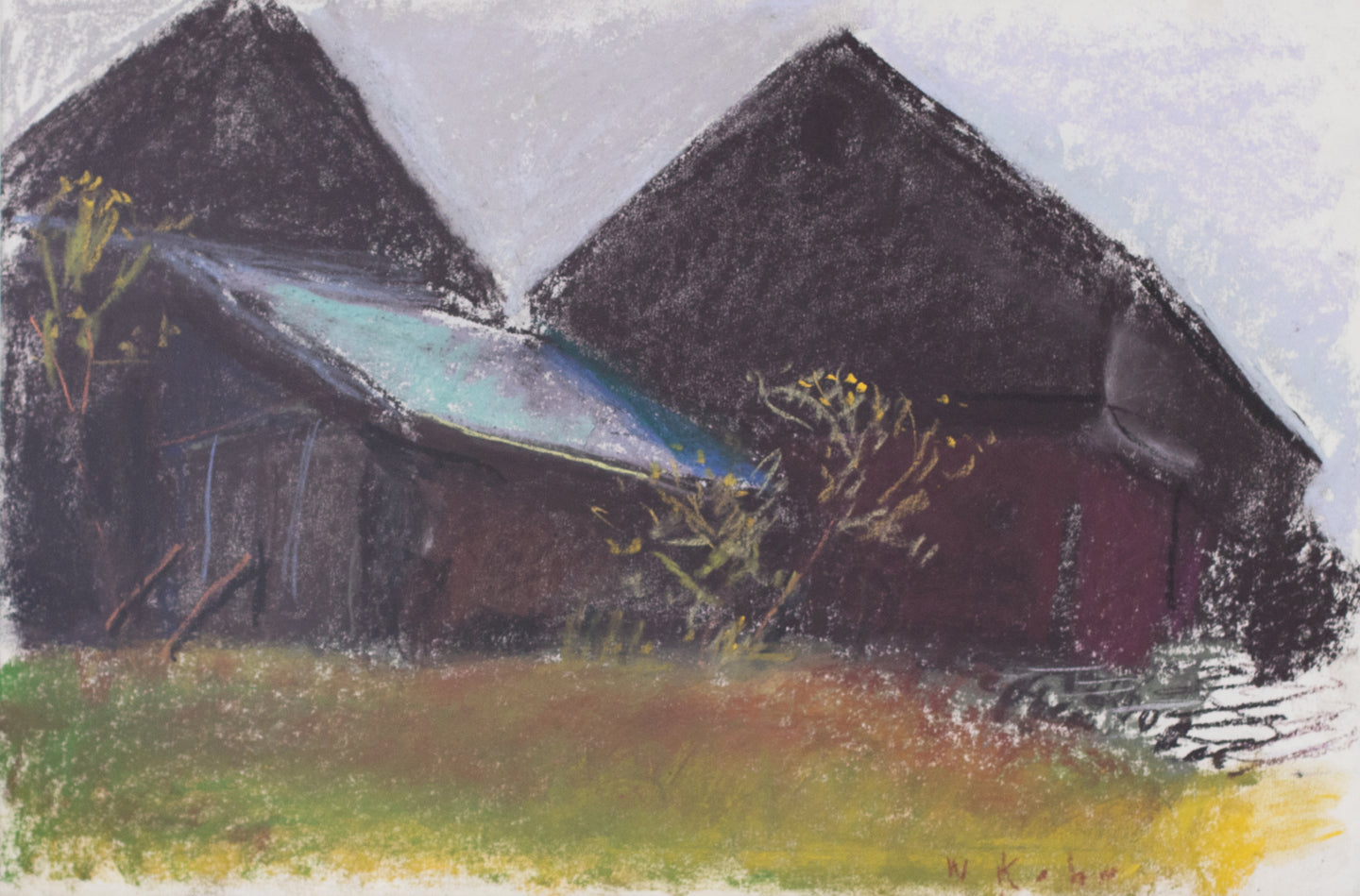 Wolf Kahn (1927-2020)  Million Dollar Barn, 2007  Pastel on paper  12 x 18 inches, unframed  This barn is called the Million Dollar Barn because Kahn painted it so many times that he was sure that he had earned at least a million dollars from the sale of those paintings. This is a historically significant painting. The colors are rich burgundy, lilacs, greens, and blues. Available at Manolis Projects Gallery.
