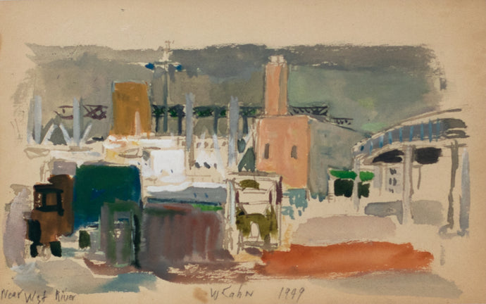 Wolf Kahn (1927-2020) Near the West River, 1949  Watercolor on paper  5.5 x 8.5 inches  Framed Dimensions: 11.75 x 15.25 x 1 inches  Kahn painted very few watercolors because the medium was unforgiving and did not allow him to 