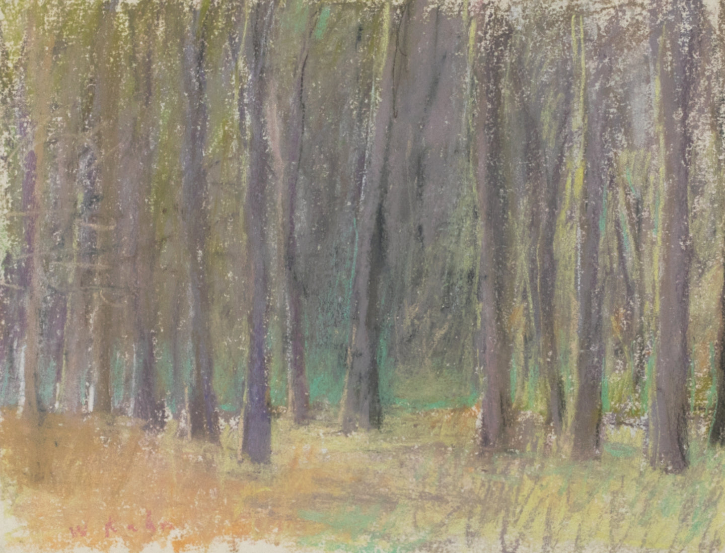 Wolf Kahn (1927-2020) Oaks, 1988  Pastel on paper  9 x 12 inches (unframed) This isi landscape of trees with greens and yellow, Available at Manolis Projects Gallery
