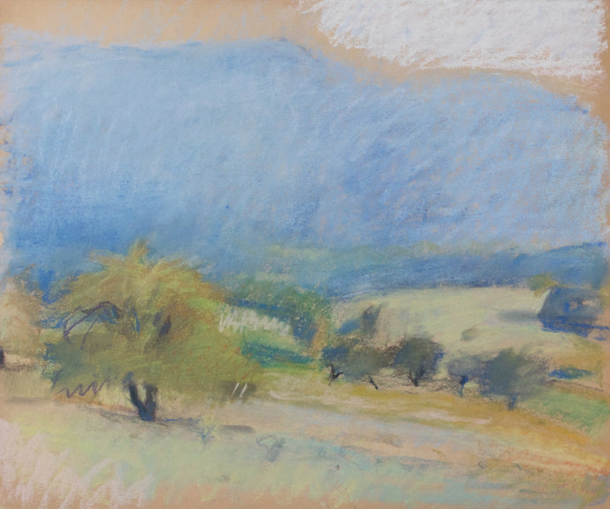 Wolf Kahn, Study for Sfumatura, 1970  Pastel on paper  14 x 17 inches- Unframed This pastel was a study for his larger Sfumatura,1978, Oil on Linen. His vibrant blue and white sky is intertwined with the green trees and  hills. Available at Manolis Projects Gallery.