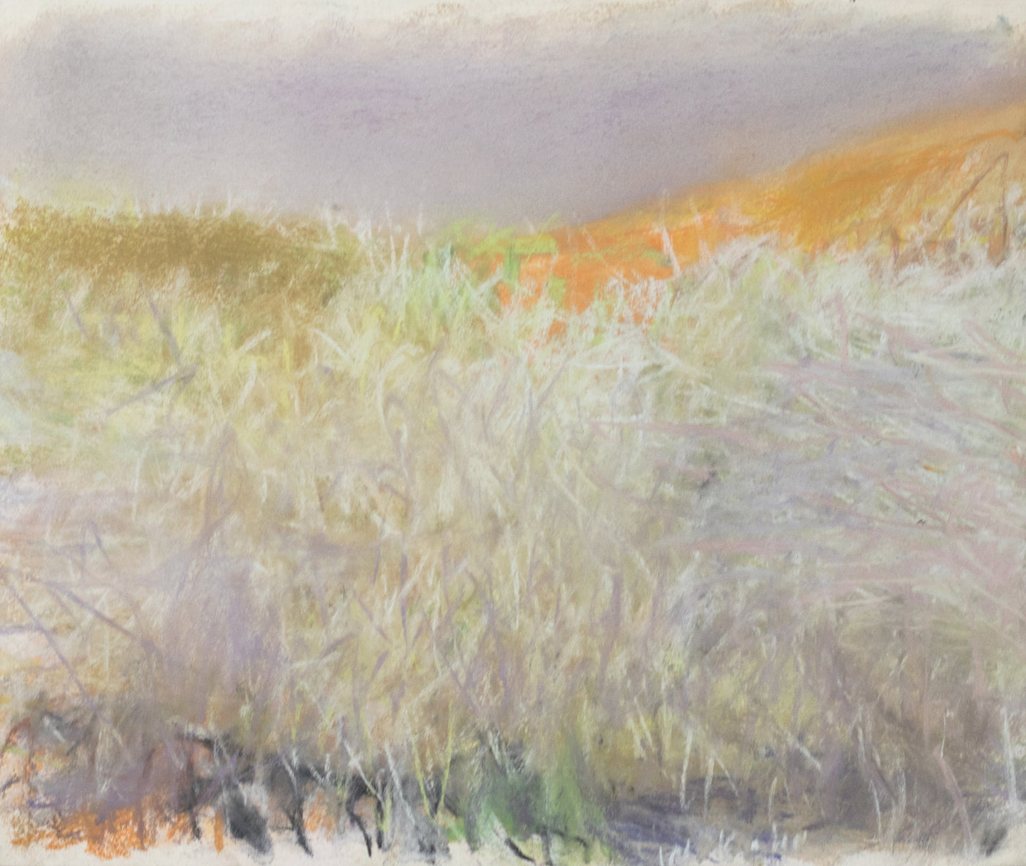 Wolf Kahn (1927-2020) Tangle before a Yellow Hill, 2006  Pastel on paper  14 x 17 inches- Unframed This abstract painting of a landscape is a fusion of shades of purple, oranges, whites, and greens. Available at Manolis Projects Gallery