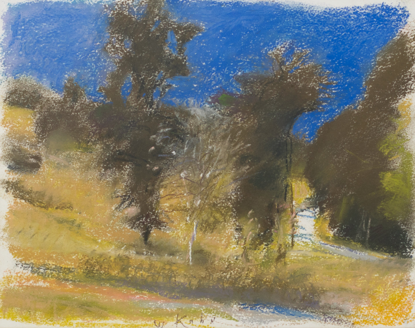 Wolf Kahn  The Start of Covey Road, 2000  Pastel on paper  11 x 14 inches This landscape has a royal blue sky, juxtaposing the olive and greens of the trees. Kahn weaves purples and oranges onto the green of the grass. Available at Manolis Projects Gallery.