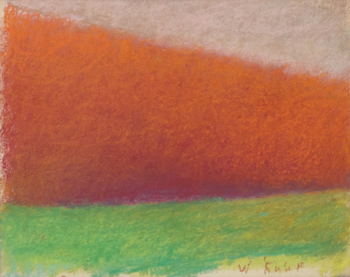 Wolf Kahn (1927-2020) Tree Wedge, Red/Orange, 1994  Pastel on paper  8 x 10 inches This Abstract of a landscape is truly spectacular with its vibrant greens, red, oranges, yellows, and cream. This Wolf Kahn at his best. at Manolis Projects Gallery