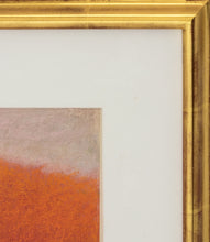 Load image into Gallery viewer, Detail of Frame and upper right corner of painting:Wolf Kahn (1927-2020) Tree Wedge, Red/Orange, 1994  Pastel on paper  8 x 10 inches This Abstract of a landscape is truly spectacular with its vibrant greens, red, oranges, yellows, and cream. This Wolf Kahn at his best. Available at Manolis Projects Gallery
