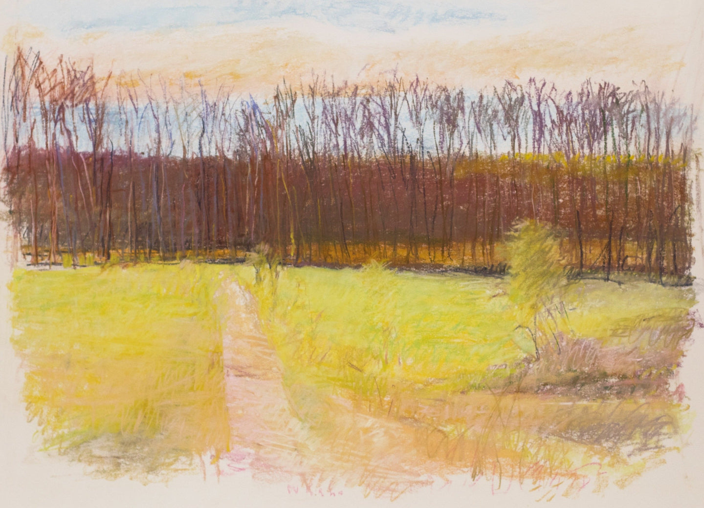 Wolf Kahn (1927-2020) Uphill Path - Apple Pie Ridge (VA), 1989  Pastel on paper  30 x 40 inches  Wolf Kahn is known for his fusion of color, spontaneity and loose brush strokes, which create the luminous and vibrant atmospheric landscapes and color fields. Kahn’s unique blend of American Realism and the formal discipline of Color Field painting sets the work of Wolf Kahn apart from his contemporaries. Available at Manolis Projects Gallery