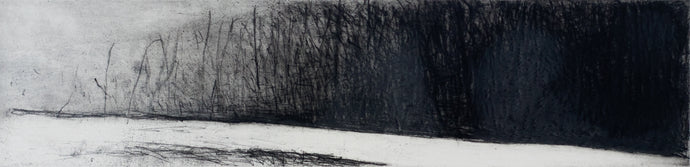 Wolf Kahn (1927-2020)  Winter River, 1988  Etching on paper  5.75 x 23.75 inches  Kahn produces a kind of contrast that energizes the surface of the paper while simultaneously creating a sense of balance and serenity in this work. Available at Manolis Projects Gallery