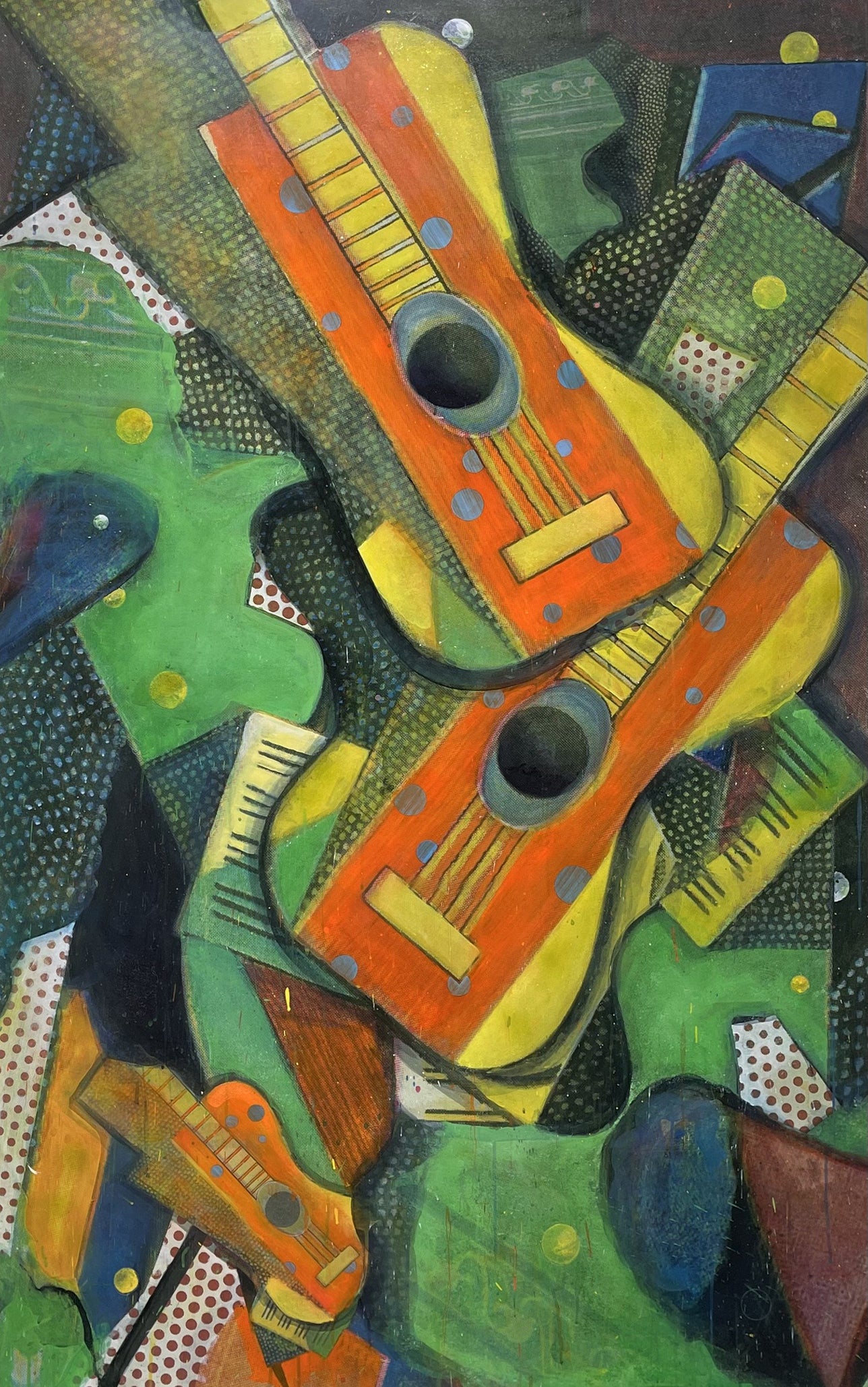 Bruce Helander (b.1947-) Triple Accoustics, 2019  Acrylic with Printed Background on canvas  79.25 x 50.25 inches  Triple Acoustics utilizes vintage Picasso imagery first initiated in collage on board and transferred to canvas.  Helander is an artist whose specialty is collage and assemblage. He received a BFA and MFA in painting from the Rhode Island School of Design. Available at Manolis Projects Gallery, Miami, FL