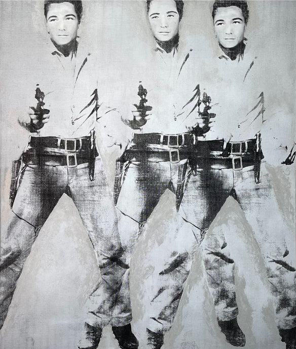 Bruce Helander (b.1947-) Triple Elvis (Self-Portrait), 2019  Acrylic with Printed Background on canvas  59 x 55 inches  Triple Elvis  the artist utilized Andy Warhol’s famous Elvis cowboy image overlaid three times on a silver background connected to the “Silver Screen.” Helander cleverly shows this painting, whose original worth is over $100M, in an altered state where he has replaced Elvis’ cowboy with his own face. Available at Manolis Projects Gallery, Miami, FL