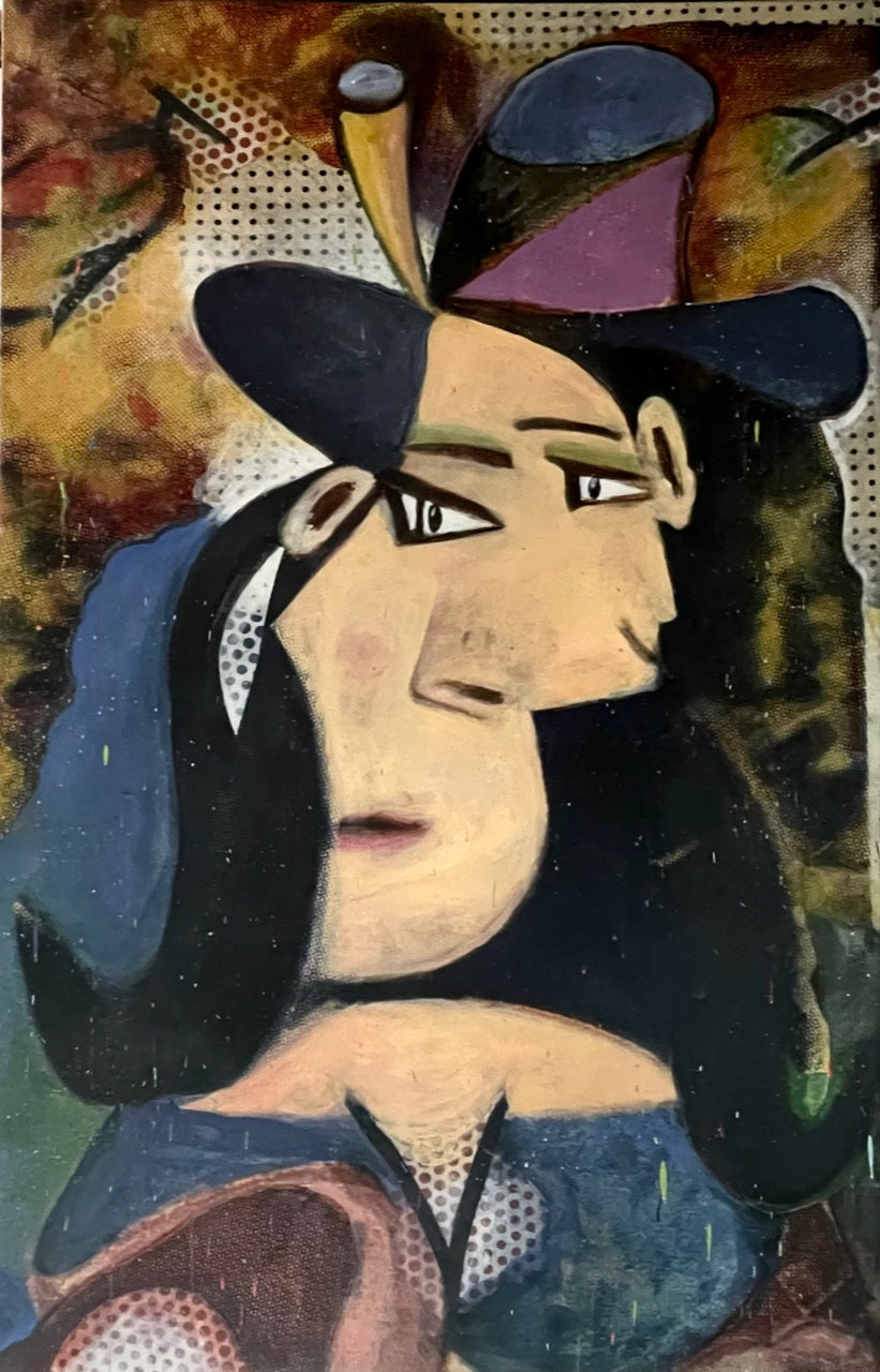 Bruce Helander  Two Faces Have 1, 2020  Acrylic and Mixed-Media on canvas  78 x 50 inches  Two Faces Have I is from Helander’s series of classic Picasso cubist imagery with background textures acquired from Roy Lichtenstein’s iconic Ben-day dots. Available at Manolis Projects Gallery, Miami, FL