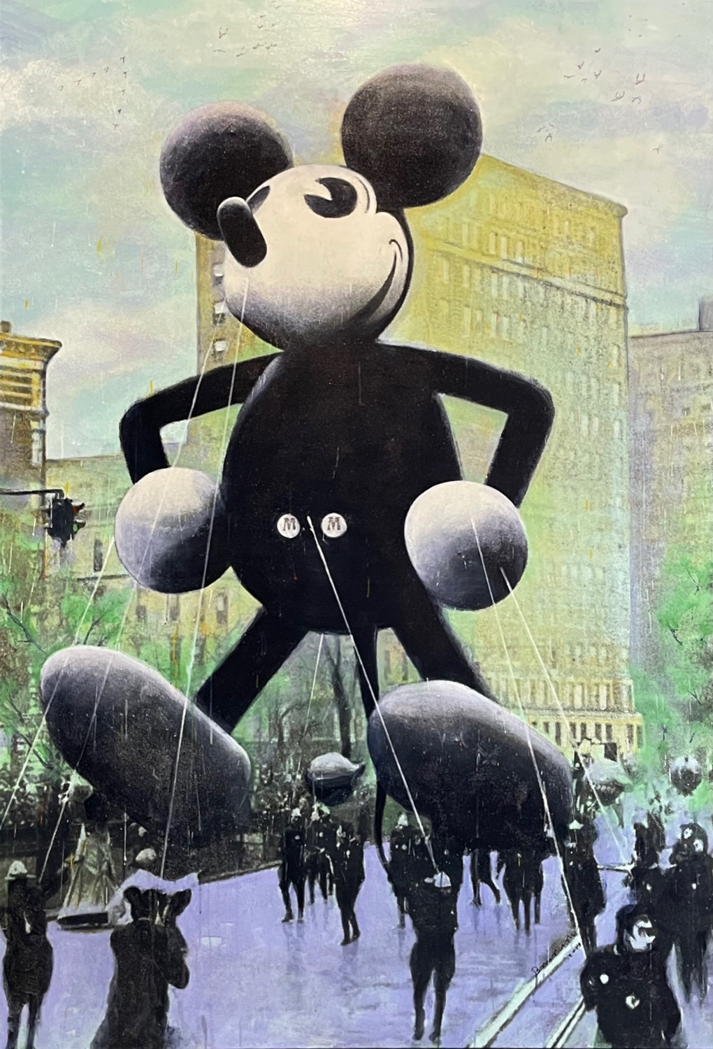 Bruce Helander  Macy's Mickey Mouse, ca. 1934 (Purple & Green), 2019  Acrylic embellished with Glitter and Spray Paint on canvas  79 x 54 inches  Macy’s Mickey Mouse celebrates that historic first appearance in the annual Macy’s Thanksgiving Day Parade in Manhattan. In this composition numerous crew members (with MM hats) hang on for dear life during an early morning unexpected windstorm that almost sent Mickey to the heavens. Available at Manolis Projects Gallery, Miami, FL