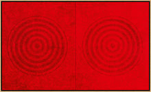Load image into Gallery viewer, Framed:J. Steven Manolis (b. 1948-)  REDWORLD (Double Concentric), 2016  Acrylic and Latex Enamel on canvas  72 x 120 inches  Framed Dimensions: 75 x 123 x 3.5 inches  The REDWORLD series started with a poem that Manolis wrote about his philosophy of life. He strongly believes that out of crisis and chaos, we can birth new dreams. Life must be lived fully and with passion. The world is full of possibilities, not limitations. 
