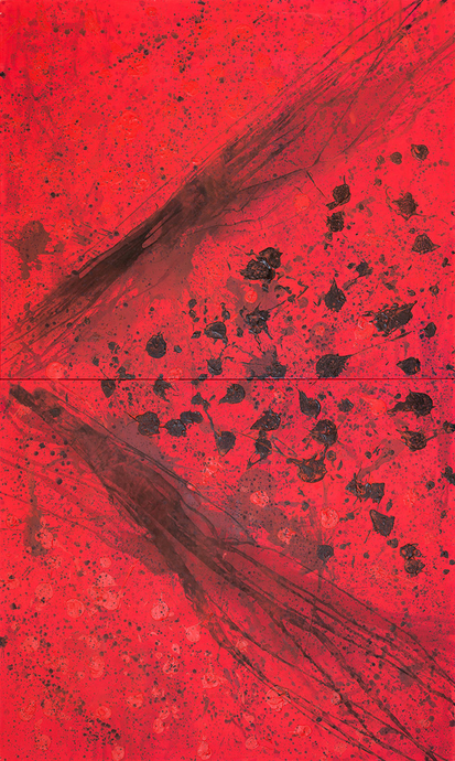 J. Steven Manolis (b. 1948 - ) REDWORLD Masculine, 2016, Acrylic and Latex Enamel on Canvas, 120 x 72 inches, Red Abstract Art, Large Abstract Wall Art for sale at Manolis Projects Art Gallery, Miami, Fl