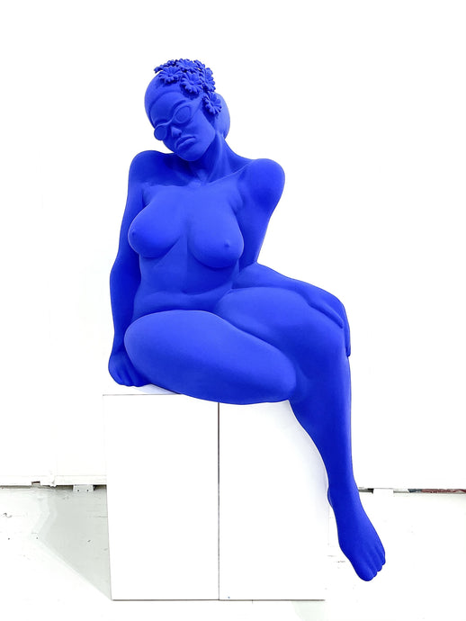 Didier Audrat  TALIMA (Yves Klein Blue), 2018  Mixed Polymer  50h x 32w x 26d inches  TALIMA reveals the relationship between sculpture and design. Talima is a reminder of the pin-up era of the 50s, Betty Grable, Betty Page... combined with a high-tech material that adapts to any environment and style, from the ultra-classical to the extreme contemporary.  